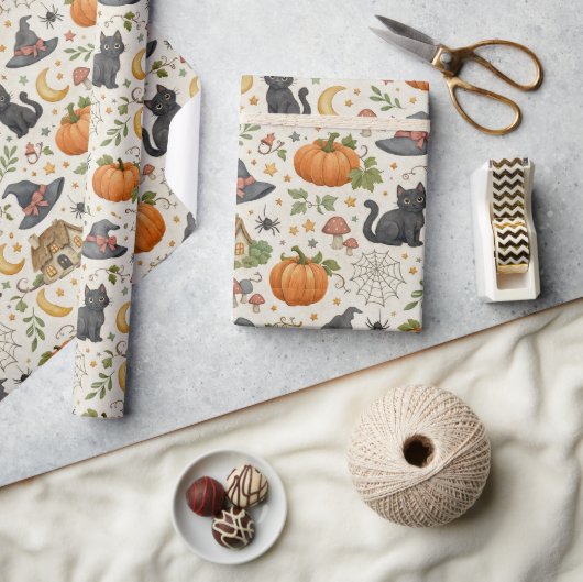 Halloween Black Kitten Cottage  ラッピングペーパー (クラフト)