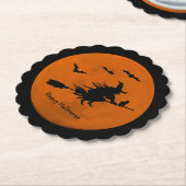 Halloween Black Wicked Witch Flying Orange Moon ペーパーコースター (アングル)