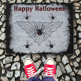 Halloween Black Widow Spiders in Web Rustic White ドアマット