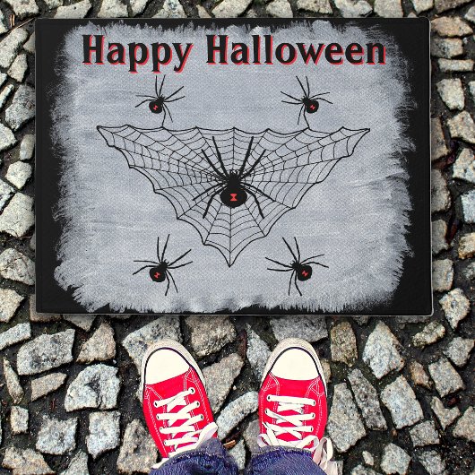 Halloween Black Widow Spiders in Web Rustic White ドアマット