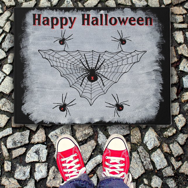 Halloween Black Widow Spiders in Web Rustic White ドアマット (Crawling black widow spiders triangular web on black and white Happy Halloween door mat.)