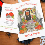 Halloween Block Party 案内ポストカード<br><div class="desc">Halloween Block Party Announcement Postcard design features an original watercolor painting of a festively spooky decorated front porch. Full of pumpkins, jack o lanterns, Fall garland, ghosts, and spider webs, this porch is ready to welcome your trick or treaters! A sleeping gray kitty cat snuggles up on the doormat for...</div>