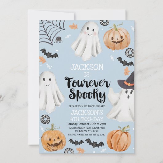  Halloween Blue Fourever Spooky 4th Birthday  招待状 (正面)