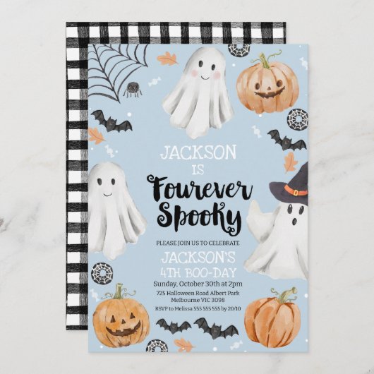  Halloween Blue Fourever Spooky 4th Birthday  招待状 (正面/裏面)