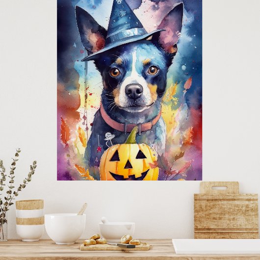 Halloween Blue Heeler With Pumpkins Scary ポスター (キッチン)