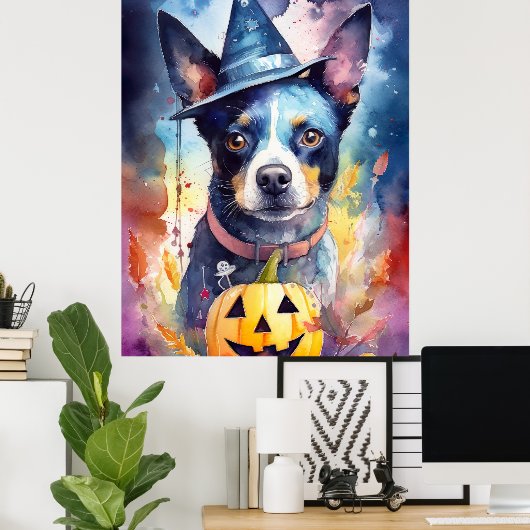 Halloween Blue Heeler With Pumpkins Scary ポスター (ホームオフィス)