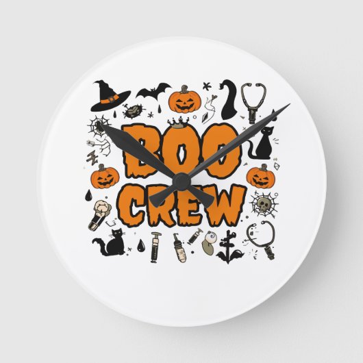 Halloween Boo Crew Clock – Playful Ghost Home Deco ラウンド壁時計 (正面)
