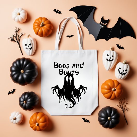 Halloween Boos and Booze Black Ghost Tote Bag トートバッグ