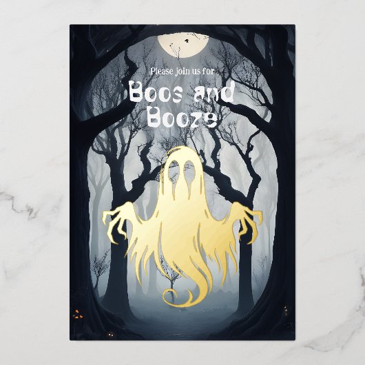 Halloween Boos and Booze Spooky Ghost Party 箔招待状 (正面)