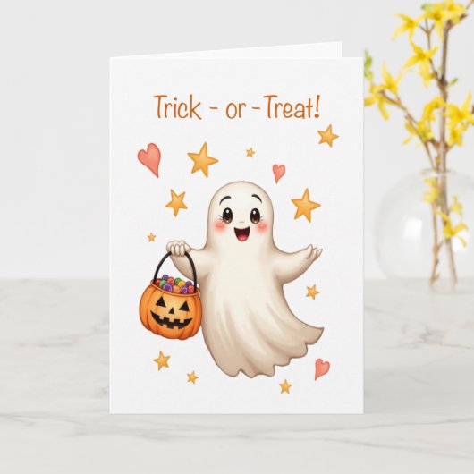 Halloween Bootiful Girl Trick or Treat Cute Girl カード (黄色い花)