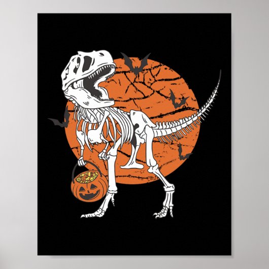 Halloween Boys Dinosaur Skeleton T Rex Scary Pumpk ポスター (正面)