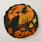 Halloween Broom Flying Witch and Moon ラウンドクッション (裏面)