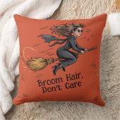 Halloween "Broom Hair, Don't Care" Throw Pillow クッション (ブランケット)