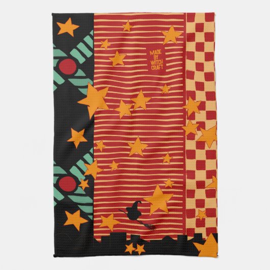 Halloween Broom Ride Over Starry City Tea Towel キッチンタオル (縦)