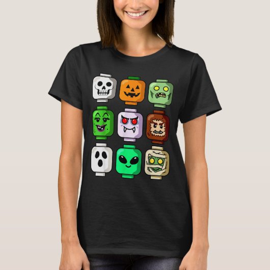 Halloween Building Brick Head Pumpkin Ghost Zombie Tシャツ (正面)
