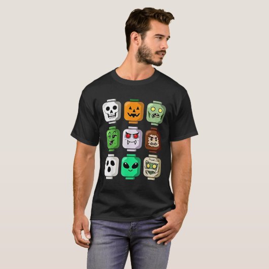 Halloween Building Brick Head Pumpkin Ghost Zombie Tシャツ (正面フル)