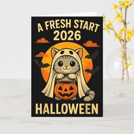 Halloween Cat Ghost Graphic - Fresh Start 2026  カード (黄色い花)
