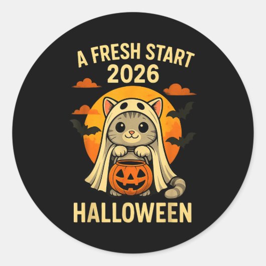 Halloween Cat Ghost Graphic - Fresh Start 2026  ラウンドシール (正面)