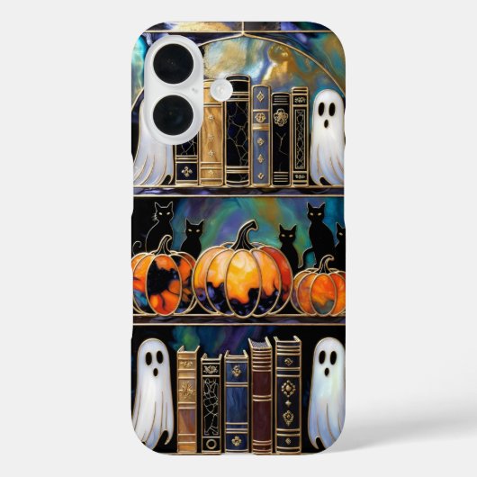 Halloween Cat Ghost Phone Case Bookshelf Pumpkin Case-Mate iPhoneケース (裏面)