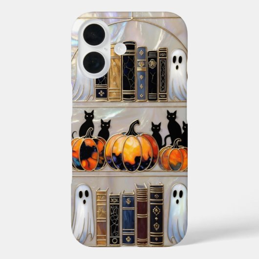 Halloween Cat Ghost Phone Case Pumpkin Bookshelf Case-Mate iPhoneケース (裏面)