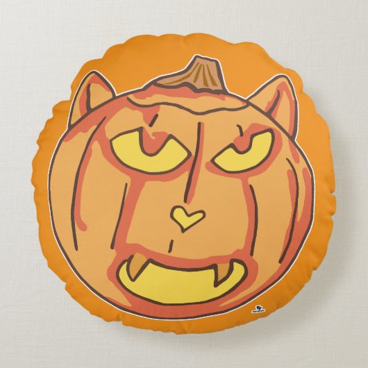 Halloween Cat Jack-o-Lantern Cartoon Fun Design ラウンドクッション (正面)