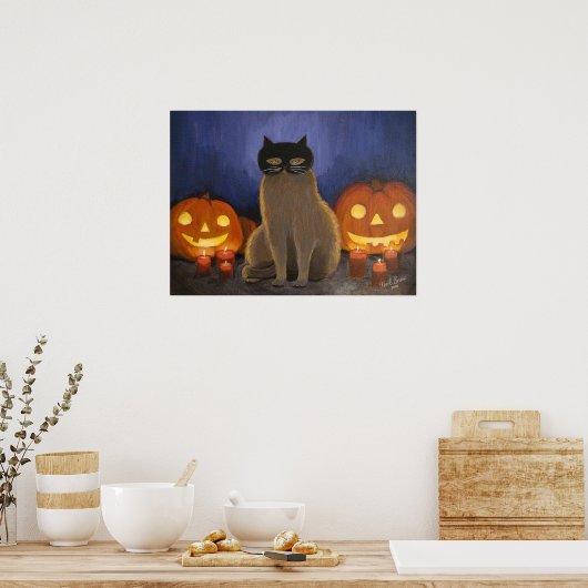 Halloween Cat Mask & Jack-o'-lantern Wall Art ポスター (キッチン)