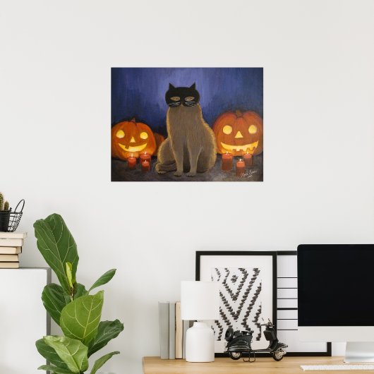 Halloween Cat Mask & Jack-o'-lantern Wall Art ポスター (ホームオフィス)
