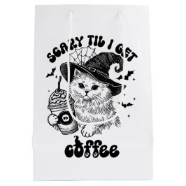 Halloween Cat Scary Til I Get Coffee ミディアムペーパーバッグ