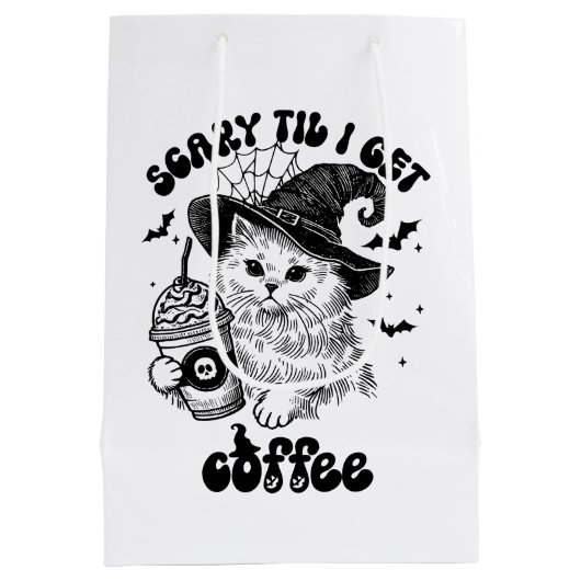 Halloween Cat Scary Til I Get Coffee  ミディアムペーパーバッグ (裏面)