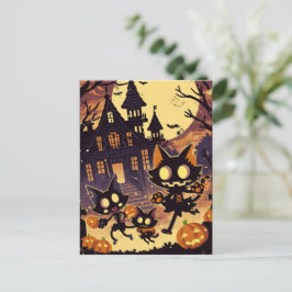 Halloween Cats by the Haunted House シーズンポストカード
