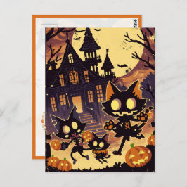 Halloween Cats by the Haunted House ポストカード
