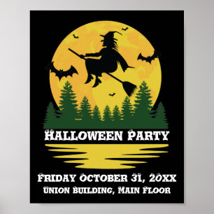 Halloween Caution Witch Crossing Flying Broomstick ポスター