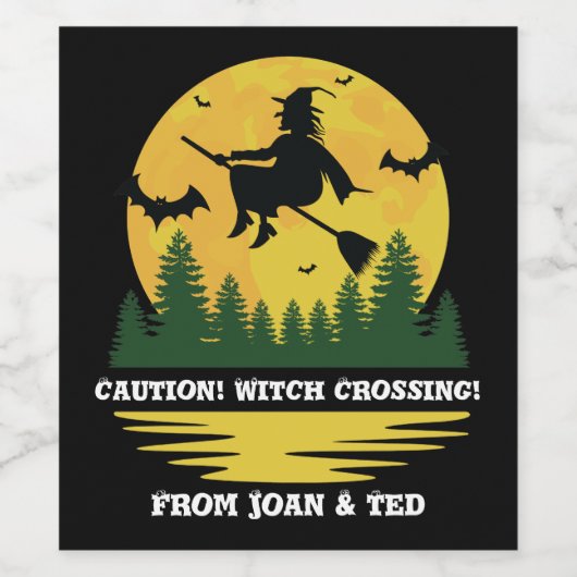 Halloween Caution Witch Crossing Flying Broomstick ワインラベル (シングルラベル)