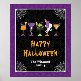 Halloween Cocktails Purple Damask Party Sign ポスター