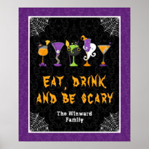 Halloween Cocktails Purple Damask Party Sign