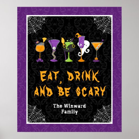 Halloween Cocktails Purple Damask Party Sign ポスター (正面)