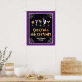 Halloween Cocktails Purple Damask Party Sign ポスター (キッチン)