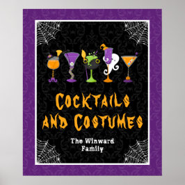 Halloween Cocktails Purple Damask Party Sign ポスター
