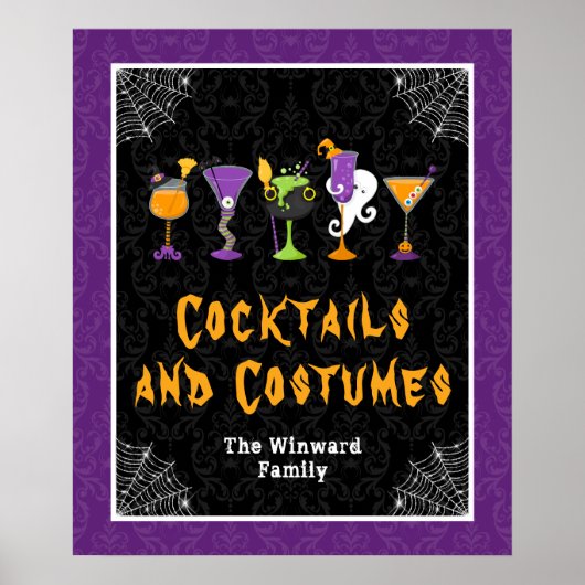 Halloween Cocktails Purple Damask Party Sign ポスター (正面)