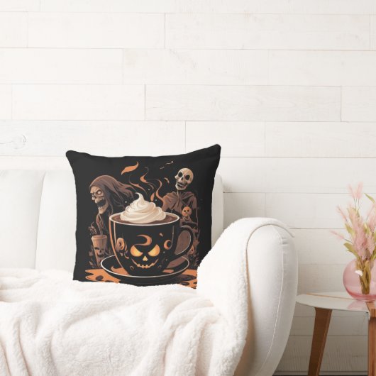 Halloween Coffee Art – Spooky Latte with Skeletons クッション (ソファ)