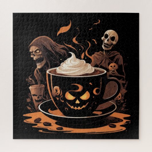 Halloween Coffee Art – Spooky Latte with Skeletons ジグソーパズル (縦)
