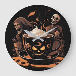 Halloween Coffee Art – Spooky Latte with Skeletons ラージ壁時計
