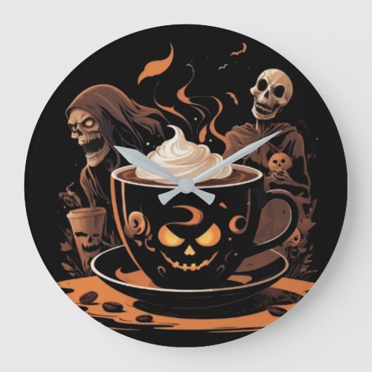 Halloween Coffee Art – Spooky Latte with Skeletons ラージ壁時計 (正面)