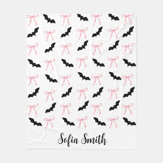 halloween Coquette pink bow and black bats フリースブランケット (正面)