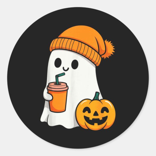Halloween Costume Ghost Drinking Pumpkin Men Women ラウンドシール (正面)
