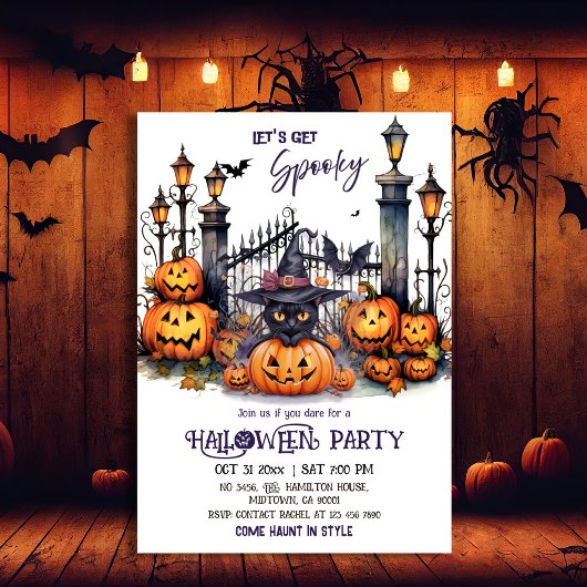 Halloween Costume Party Black Cat Witch Hat scary  招待状
