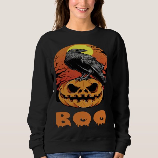 Halloween Crow Raven Moon Pumpkin Costume Boo スウェットシャツ (正面)