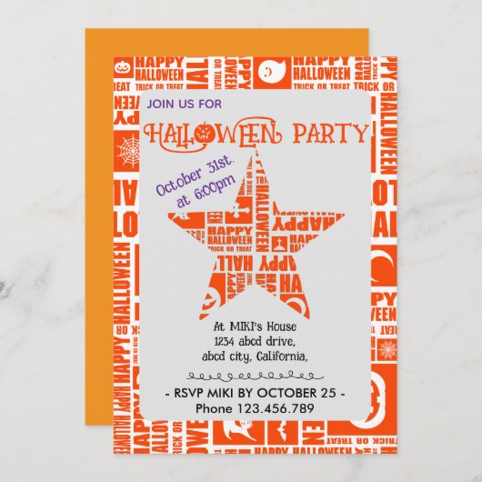 Halloween Custom Cool Whimsical Typography Orange  招待状 (正面/裏面)