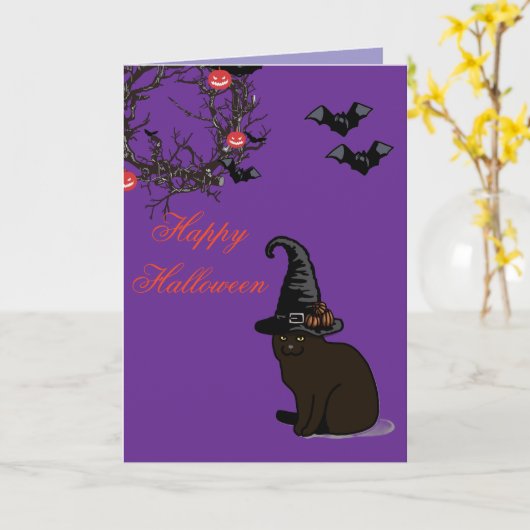 Halloween Custom Whimsical Funny Cat Purple カード (黄色い花)