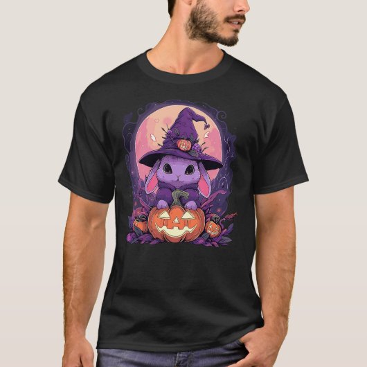 Halloween Cute Bunny Rabbit Witch Hat Jack o Lante Tシャツ (正面)